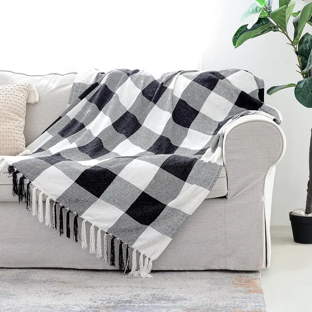 

Bla White Buff Plaid Decor Blanket, Lightweight Soft Chenille Che Knitted Rustic Farmhouse Throw With Tassels For Couch Sofa