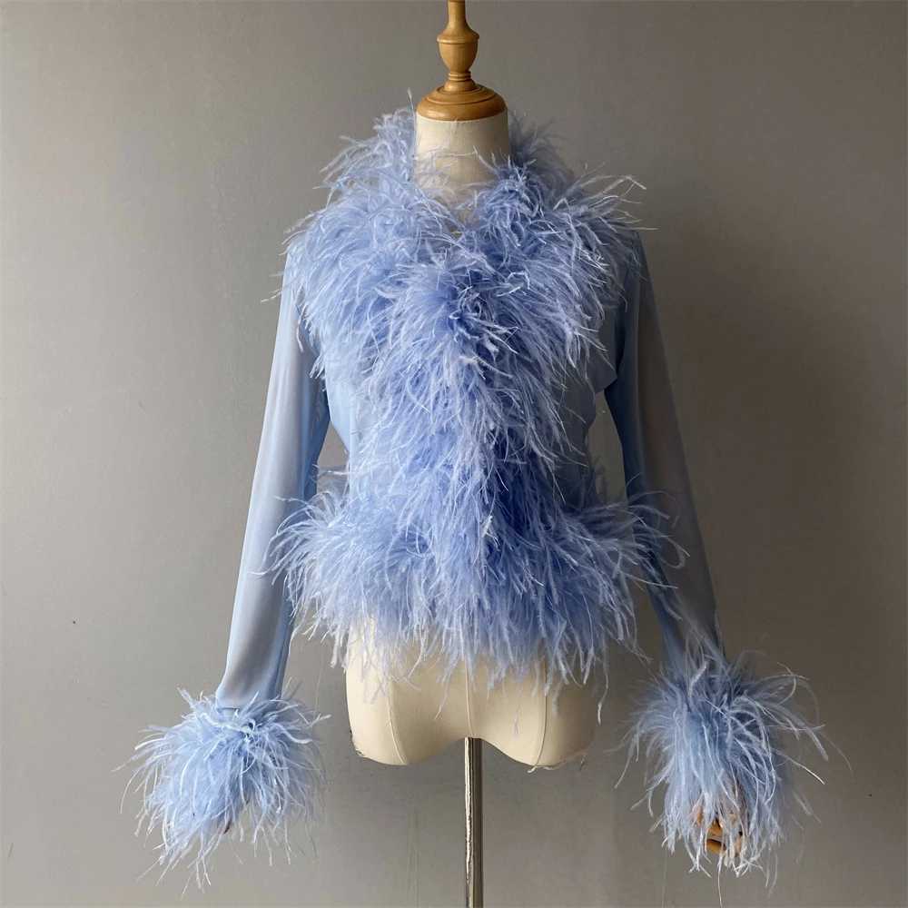 Jxwatcher Women Mesh Ostrich Feather Top Black S 8