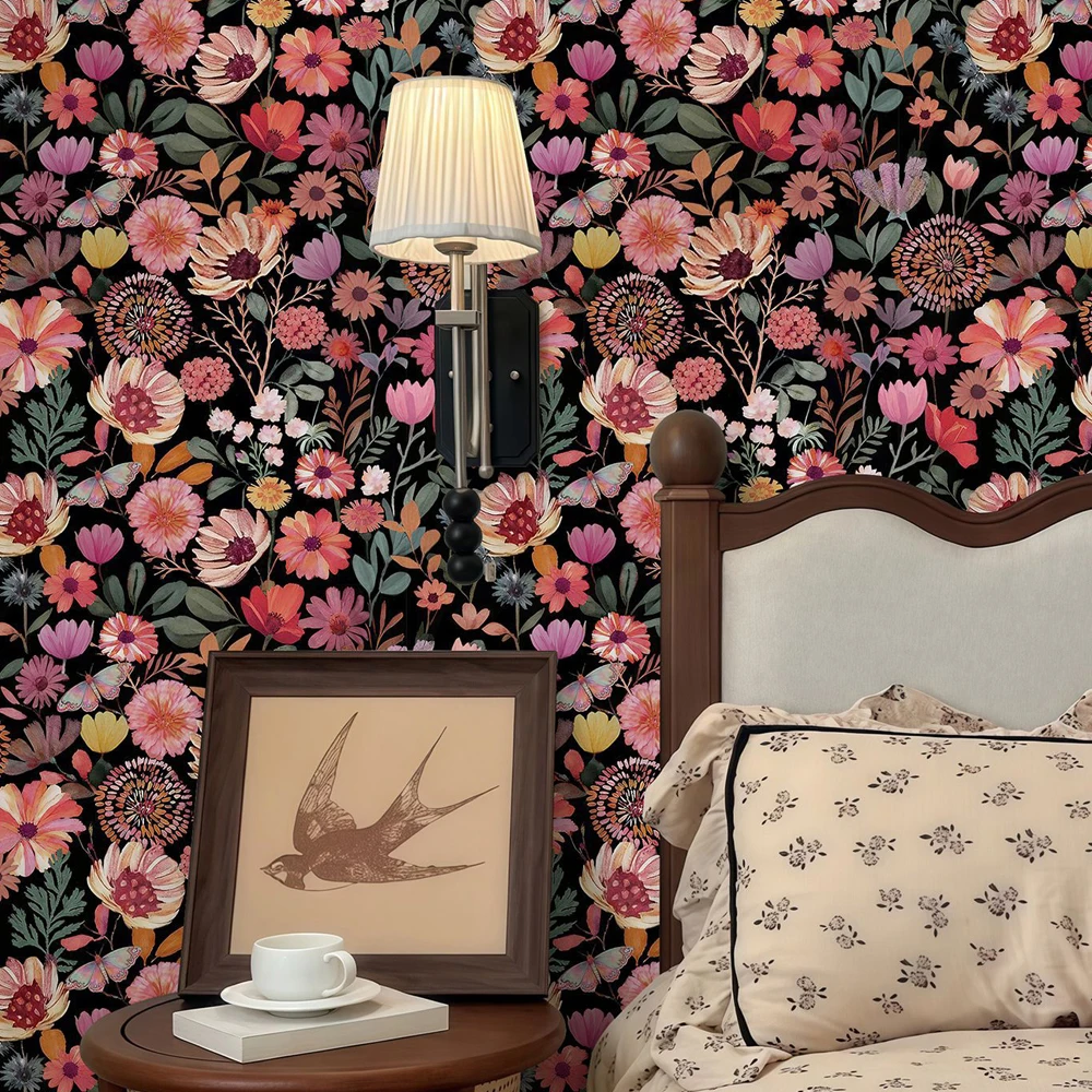 Boho Floral Self Adhesive Wallpaper Peel and Stick Pink Flowers & Butterfly Removable Wall Mural for Bedroom Renter Home Decor