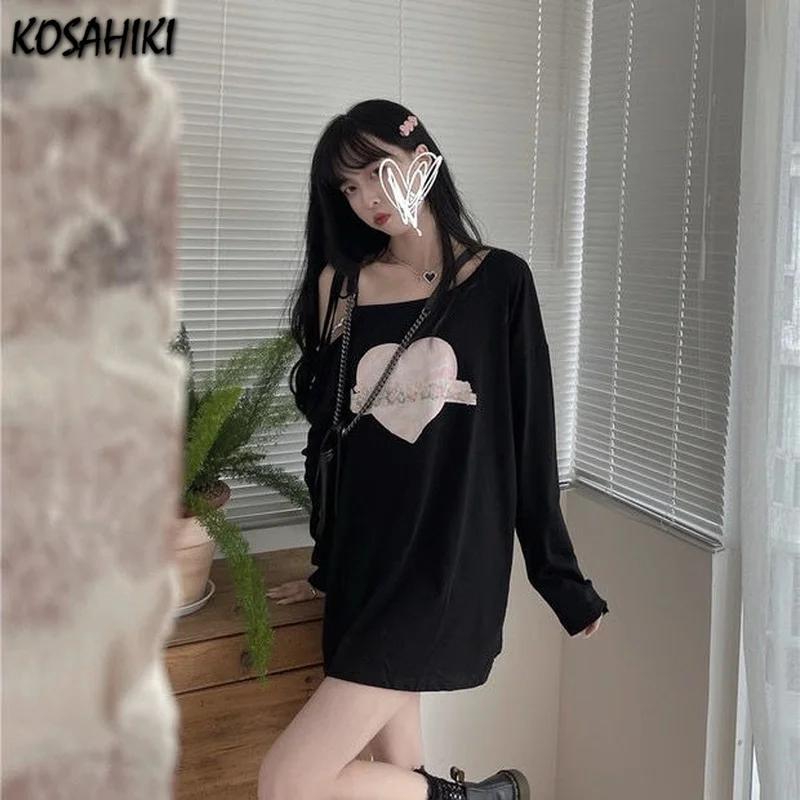 KOSAHIKI Off Shoulder T Shirts Women Bandage Letter Heart Printed Autumn 2024 New Loose Long Sleeve Sexy Korean Chic T-skirt