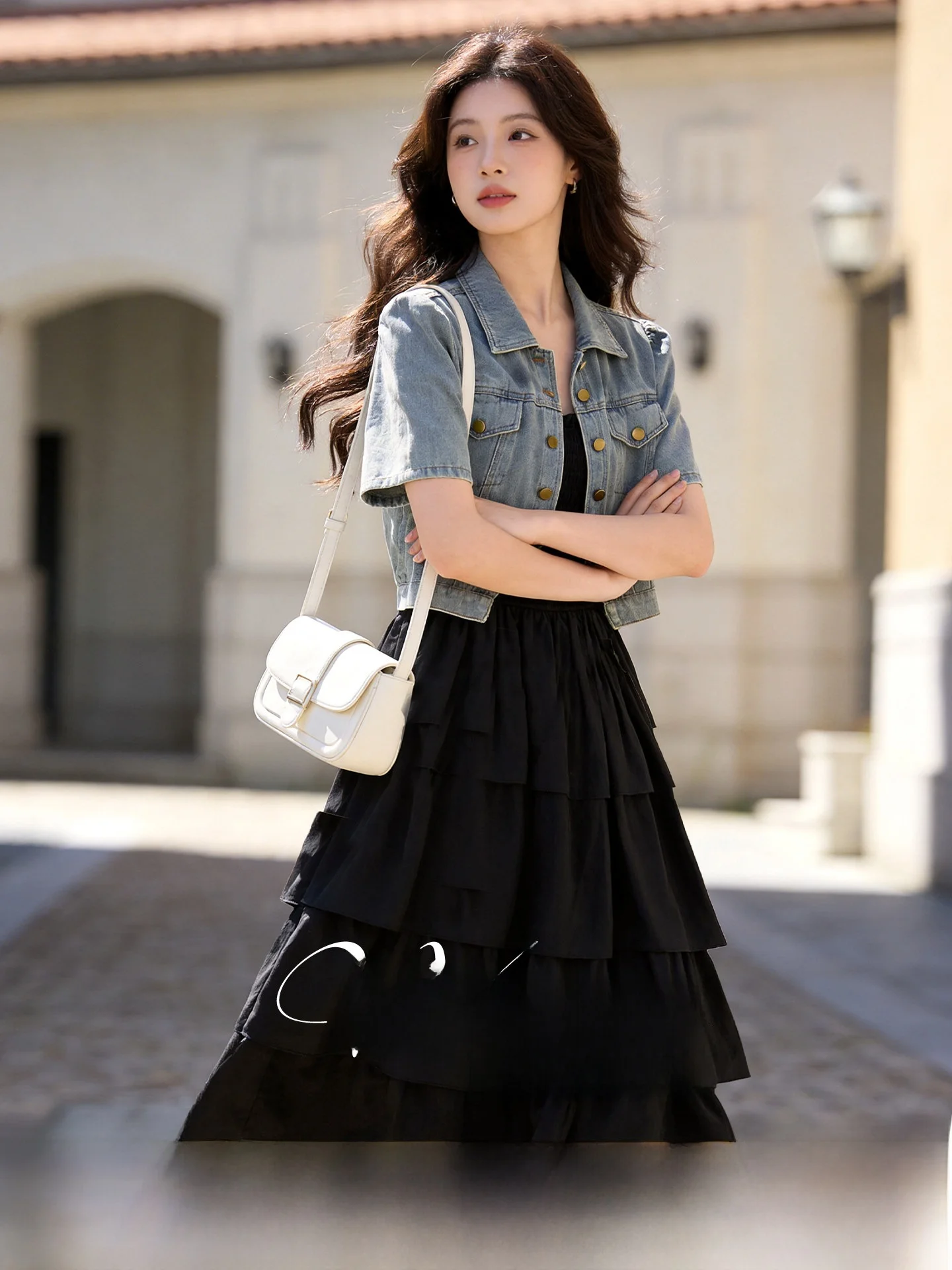 

Модный винтажный джинсовый комплект: кардиган и платье-халтер для полных женщин, корейский стиль, юбка А-силуэта с высокой талией