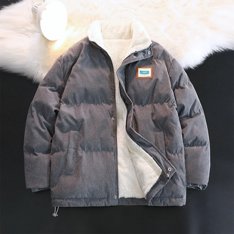 Y2k Winter Parka Corduroy Zip Fleece Thicken Coat Korean Style Men Harajuku Warm Parkas Retro Streetwear Jacket