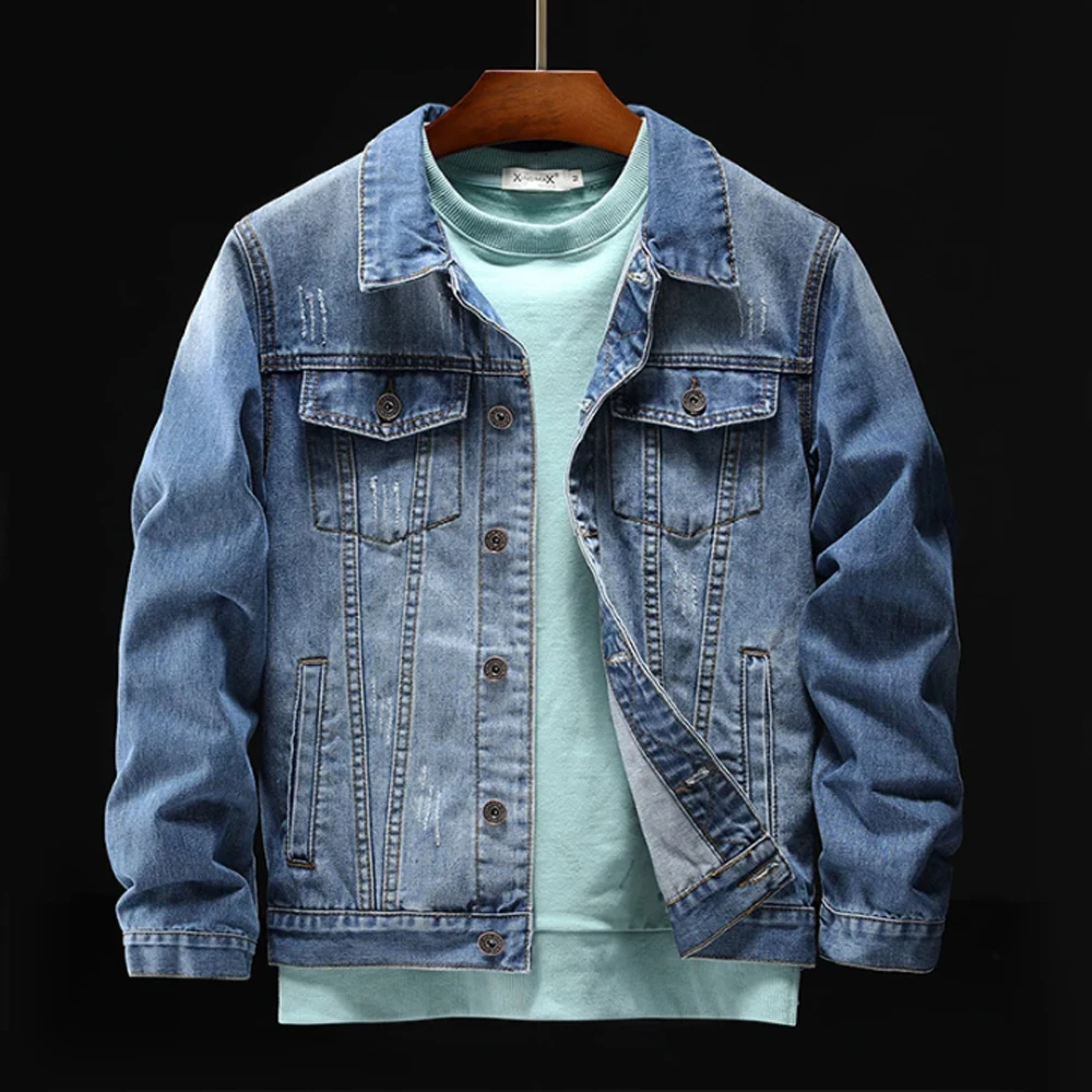 Indian Chief Embroidery Denim Jackets Men, Retro Blue Streetwear, Ripped Slim Coat, Casual Motorcycle Outwear, Spring and Autumn