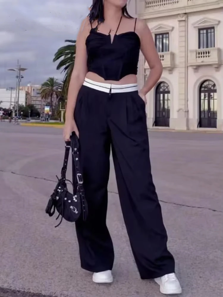 HH Women\'s Casual Loose Straight Pants Solid Elegant Side Pockets High Waist Zipper Fly Trousers 2023 Chic Streetwear Mujer