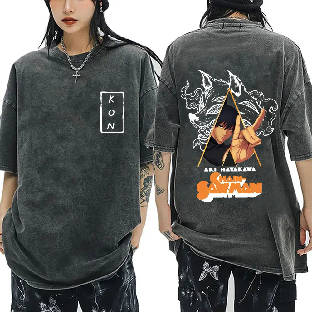

Japanese Anime Chainsaw Man Hayakawa Aki Summon Kon Fox Devil Vintage Washed T Shirt Men Women Manga Fashion Oversized T-shirts