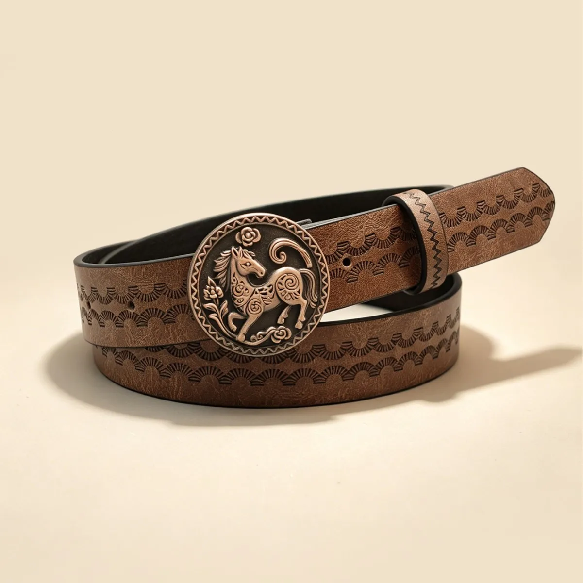 Vintage Western Cowboy Horse Round Buckle PU Belt Cinturon Women Embossed Ethnic Decorative Waist Belt For Jeans Dresses