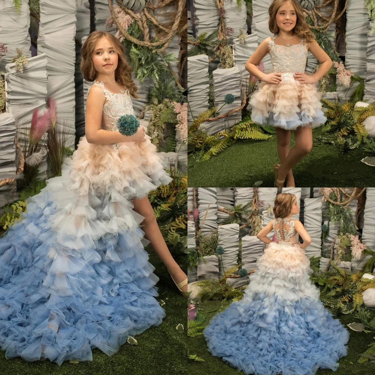 Colorful Gradient Flower Girl Dresses for Wedding Tiered High-Low Length Girl Kids Birthday Party First Holy Communion Gown