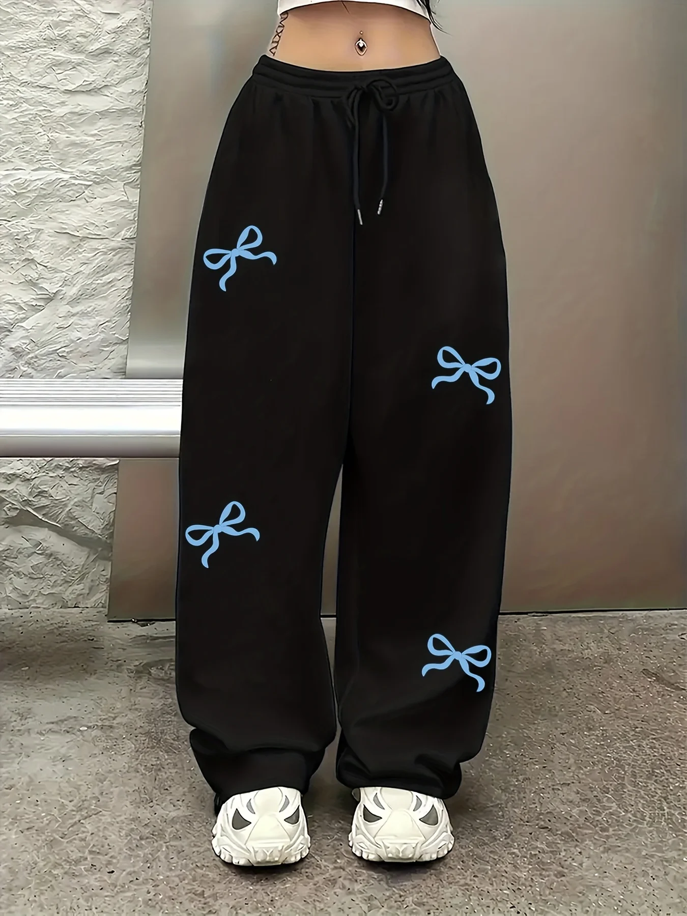 Women 3D Blue Bow Print Wide Leg Pants Quick Dry Elastic Drawstring Loose Trousers Streetwear Y2K Hip Hop Casual Long Pants