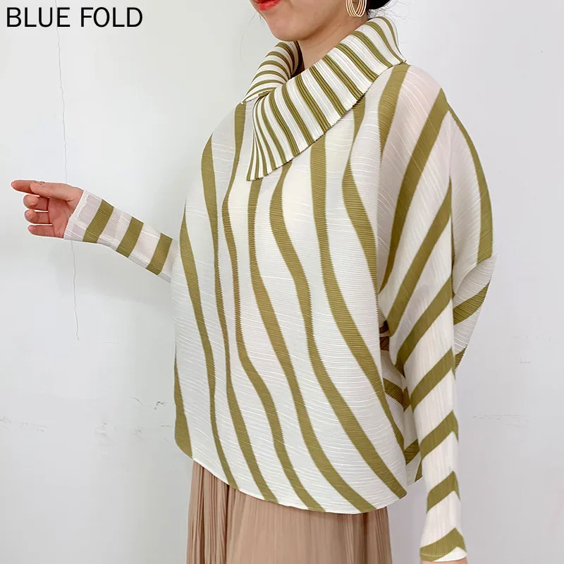 MIYAKE-Pleated Striped Top for Women, Lapel T-shirt, Pleated Blouse, Loose Crop Top, Large Size, New, Spring and Summer, 2023