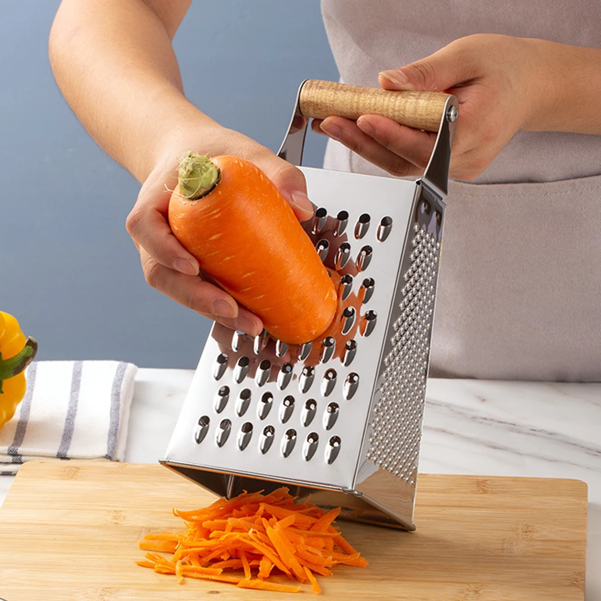 1PC-Vertical Stainless Steel Four-sided Cheese Grater Vegetable Peeler with Wooden Handle