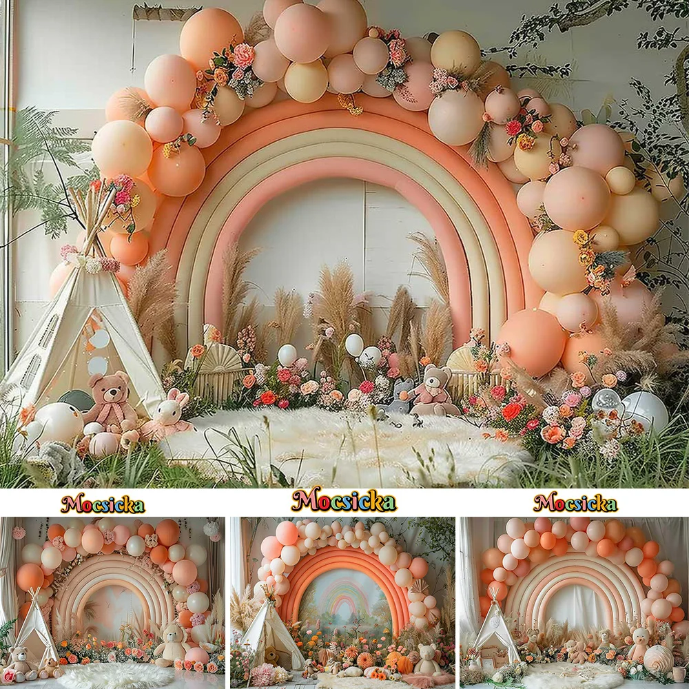 

Girl Baby Show Boho Style Background Warm Orange Rainbow Balloon Arch Door Tent Backdrop Decor Forest Birthday Party Studio Prop