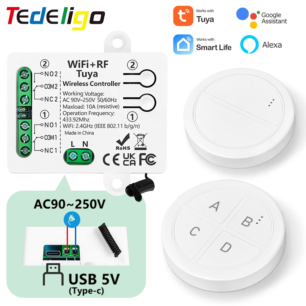 Tuya Wifi Smart Light Switch Wireless Remote Control AC110V 220V 2CH Receiver Relay Via Alexa Google Home for Light/Garage Motor