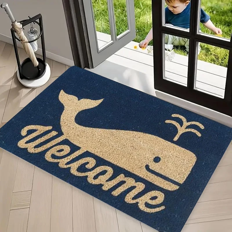 Paillasson en fibre de coco à motif baleine et poisson, antidérapant, durable et lavable, pour l'entrée, la véranda et la terrasse
