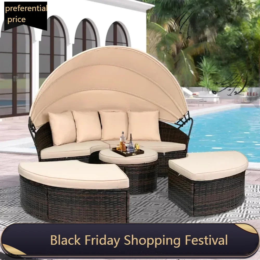 Canopy Bed Round Daybed with Washable Cushions, Clamshell Sectional Seating Wicker Furniture with Retractable Canopy (Brown）