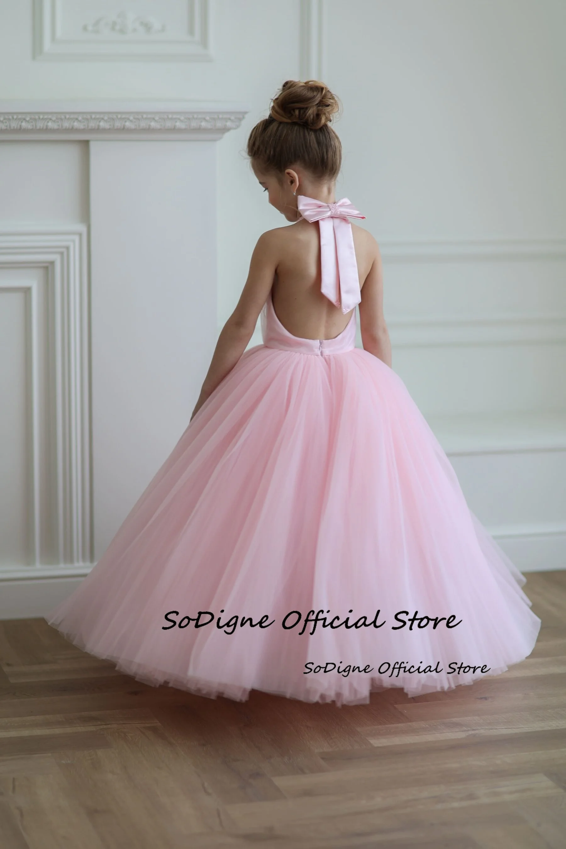 SoDigne-vestido acampanado de tul con flores para niña, falda sin mangas con cuello Halter, vestidos de fiesta para niña, vestido de princesa para niño personalizado