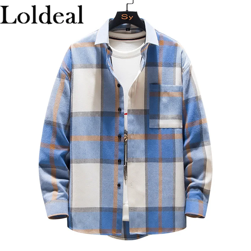 

Loldeal Men Casual Plaid Shacket Button Down Long Sleeve Shirts