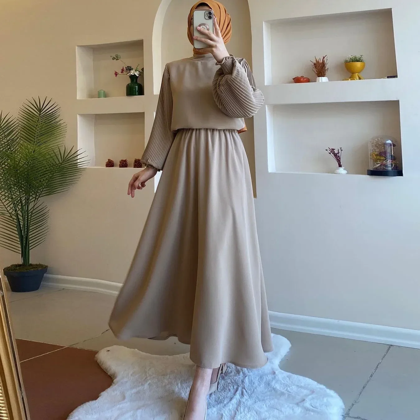 

2023 Women Mock Neck A Line Dress Solid Loose Lace Up Pleated Elastic Waist Full Lantern Sleeve Long Dresses Autumn Elegant