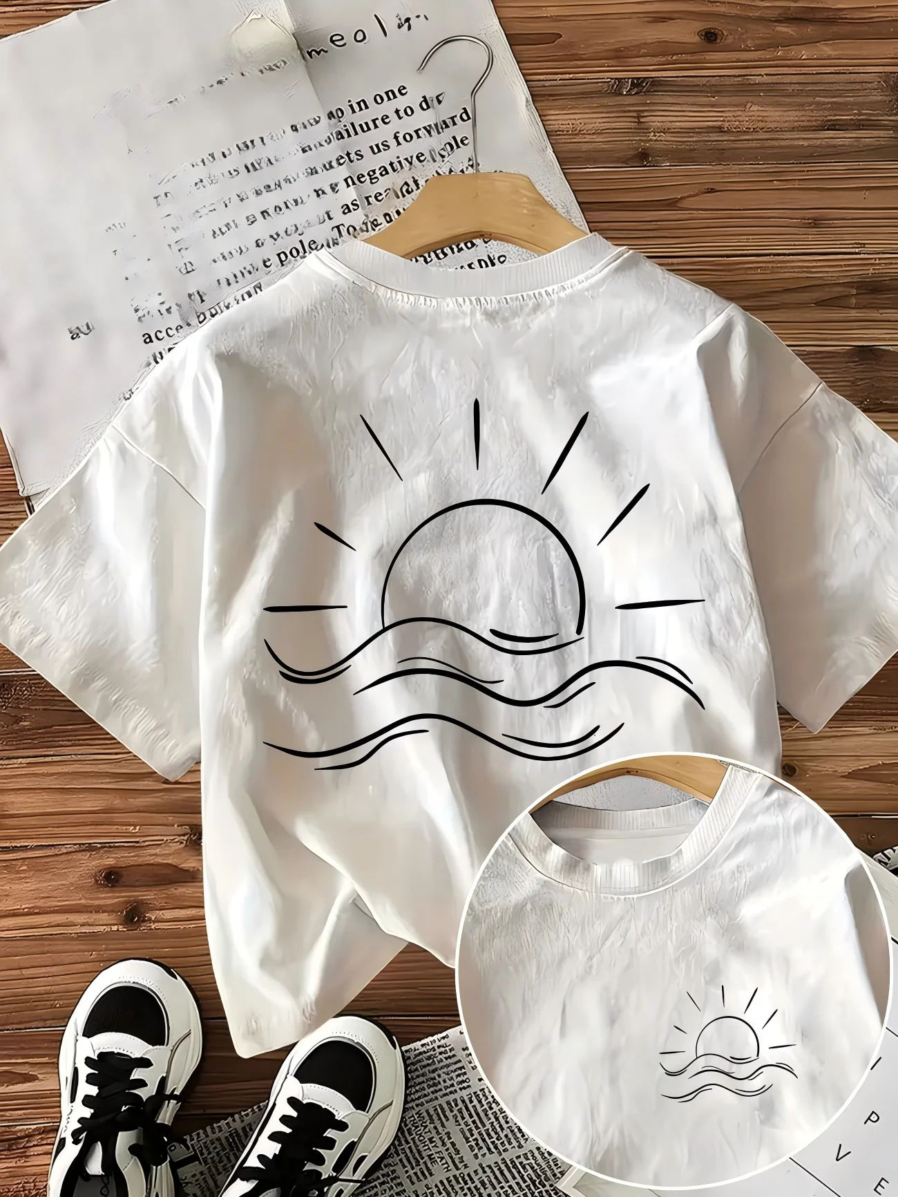 Minimalist Sun And Wave Graphic T-Shirt Aesthetic Line Art Print Tee Summer Short Sleeve Harajuku Kawaii Fashion Trendy Tops