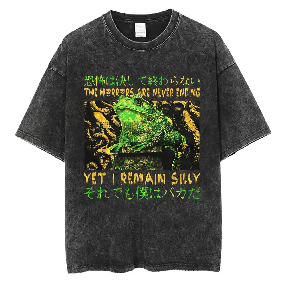 Funny Japanese Style Capybara Snail Pigeon Raccoon Opossum Frog Crab Rat Vintage Washed T-shirt Men Cotton Casual Humor T Shirts