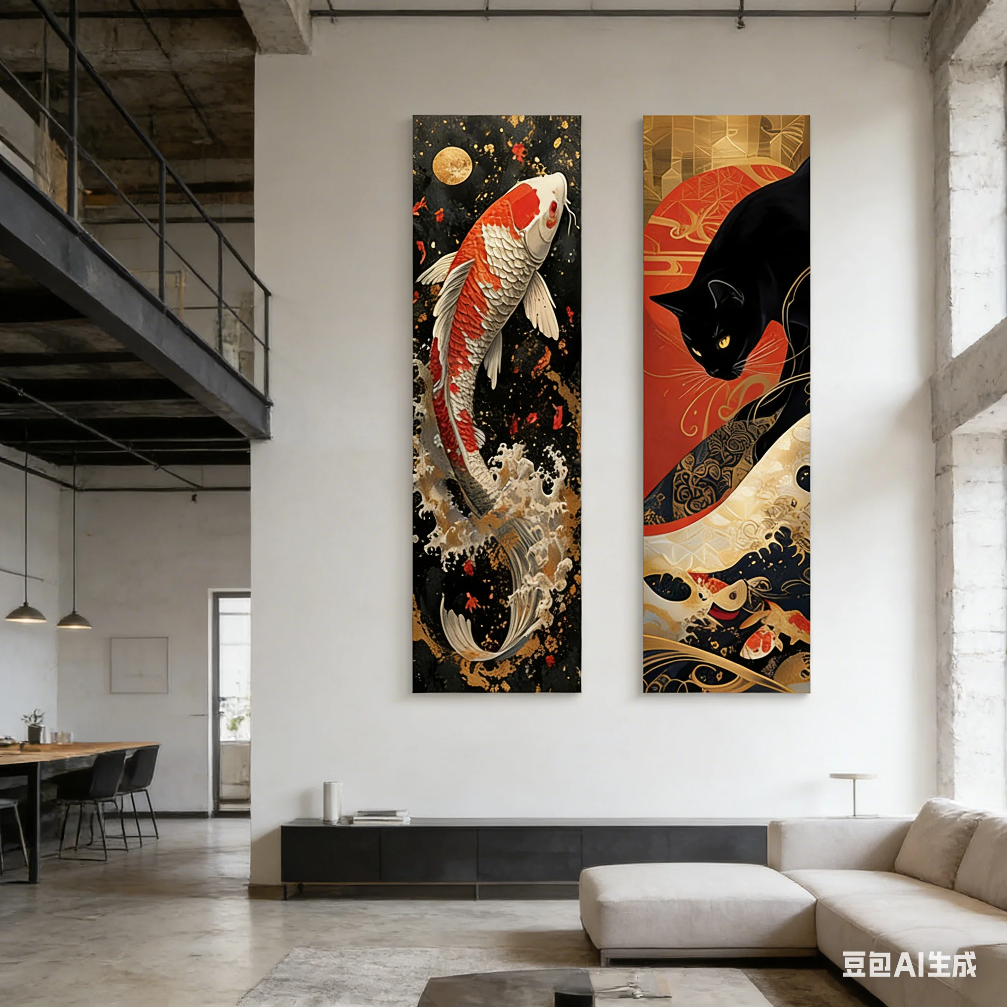 40x150cm Japanese Koi Fish Black Cat Tapestry Ukiyo E Inspired Wall Hanging Long Vertical Asian Art Decor Bedroom Living Room