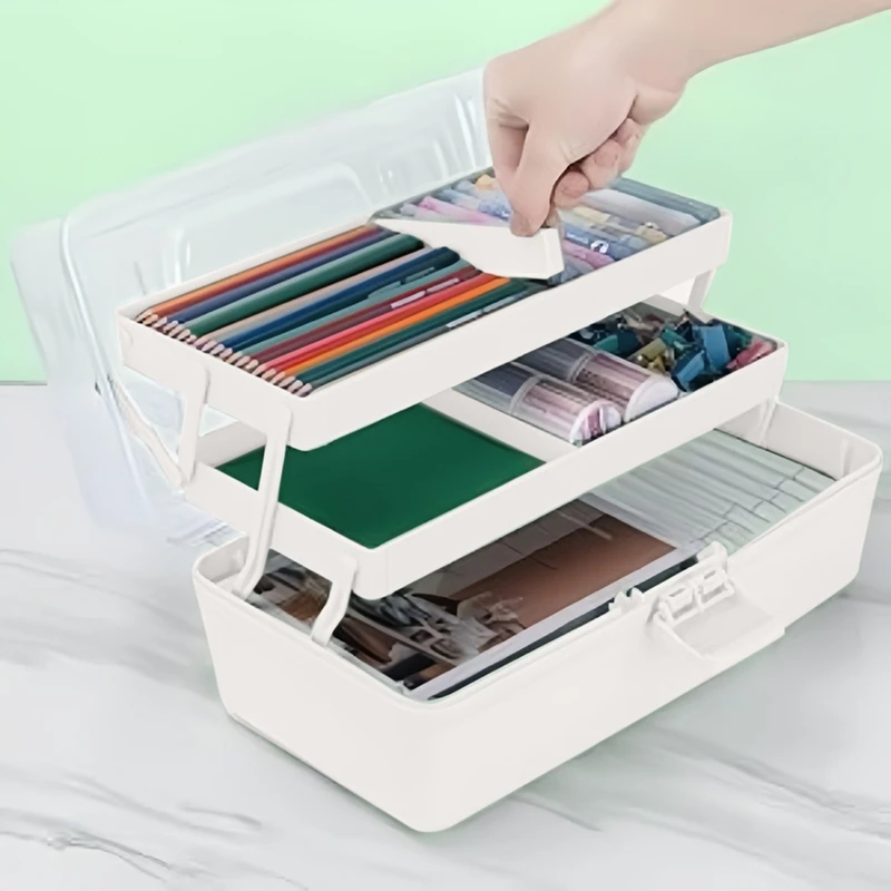 

3-слойный пластиковый разделительный ящик для хранения, органайзер для рукоделия с регулируемыми прокладками, портативный универсальный-A27R с ручкой