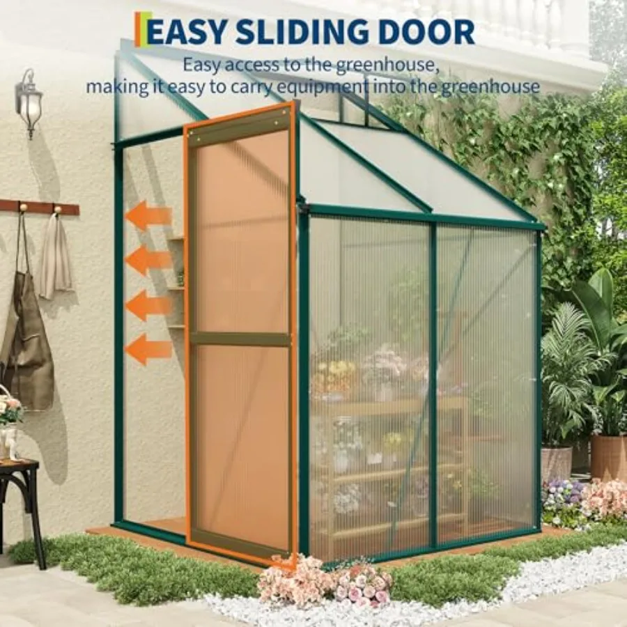 Polycarbonate Greenhouse for Outdoors, Aluminum Frame, Green, Walk-in Garden Greenhouse with Adjustable Roof Vent, Sliding Door