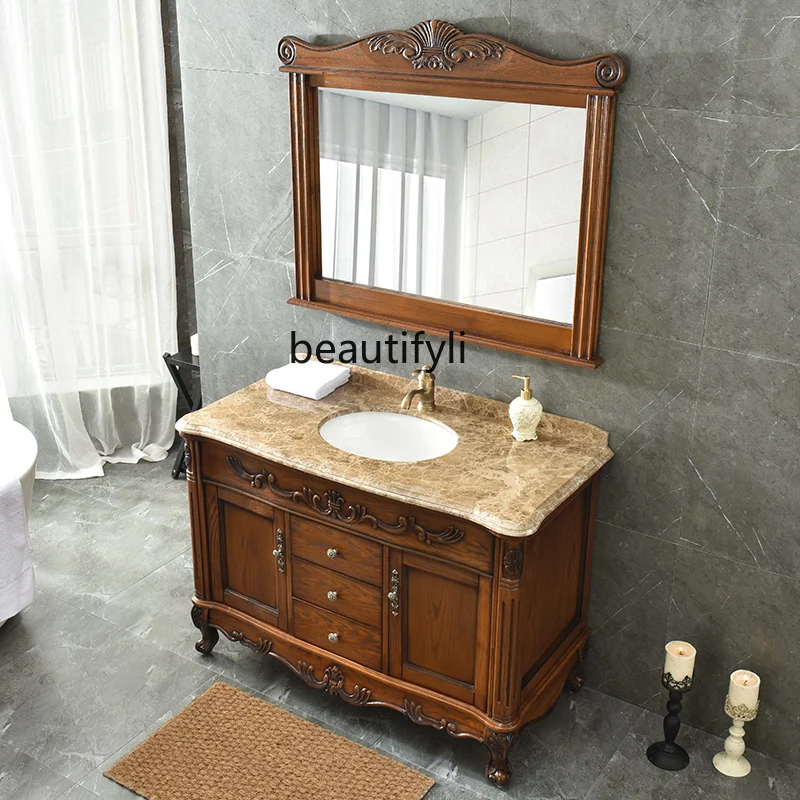 European Solid Wood Bathroom Cabinet Red Oak Marble Basin Cabinet Toilet Wash Table
