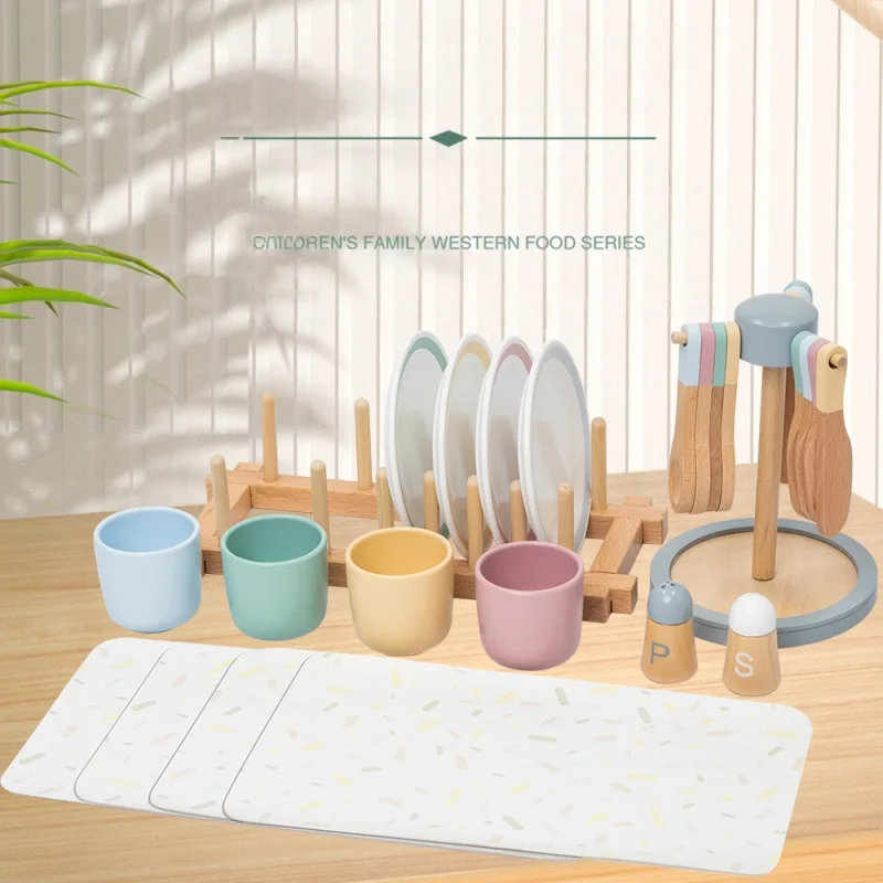 Brinquedo de Utensílios de Cozinha de Comida de Brincadeira para Bebês, Conjunto de Brinquedos Multifuncional de Reconhecimento de Formas em Madeira