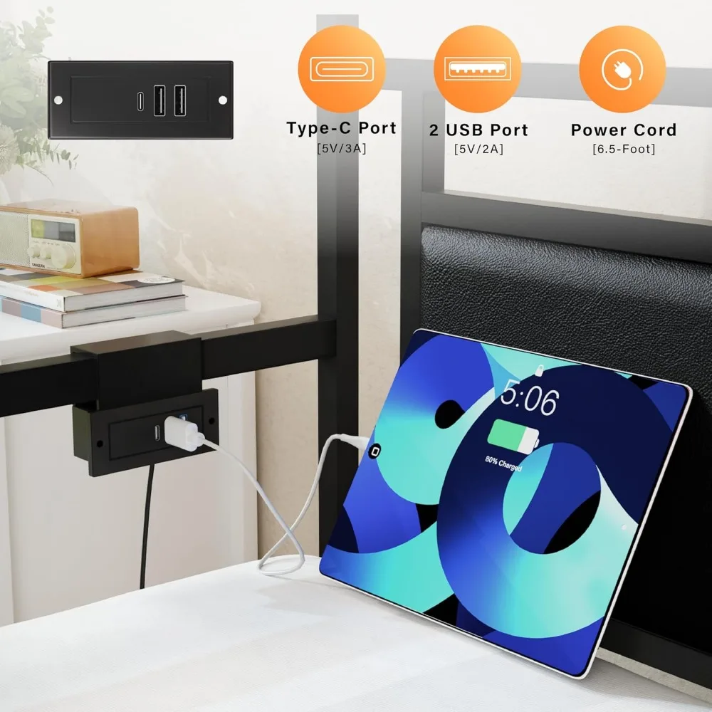 Espreguiçadeira dupla com rodízio pop-up, sofá-cama com luz LED e estação de carregamento, cama removível com suporte e estofamento de ripas de aço