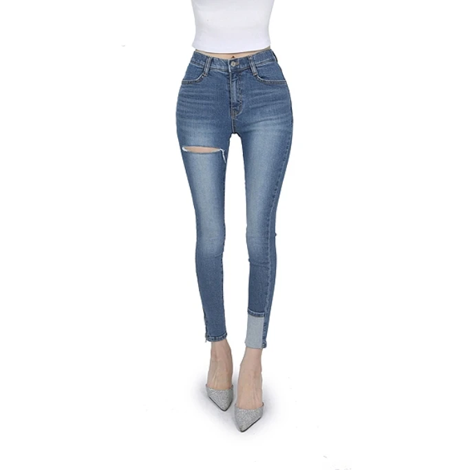 

Retro High Waist Skinny Jeans Women's Blue Denim Roll up Cuffed Pants Zipper Closure Cotton Stretch Denim Ladies Fashion