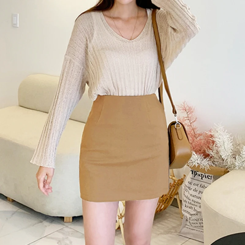 [سبب] تنورة Deluna H-Line Mini للنساء، لون خالص، تنورة قطنية مطاطية (3 ألوان)