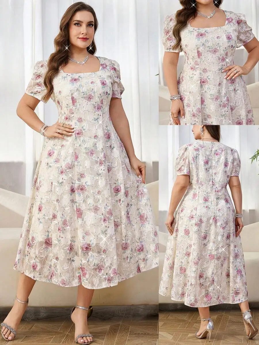 

Elegant Floral Print Plus Size Short Sleeve Midi Dress For Women