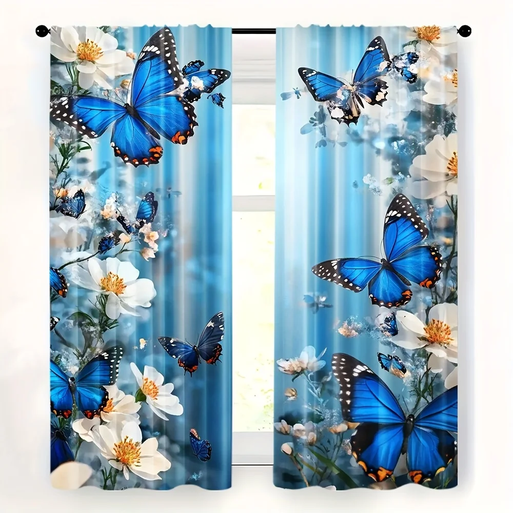 

2D FLAT 2pcs Curtains Blue Butterflies White Flowers Sky Background Perfect for Balcony, Bedroom, Study, Living Room, Suitable f