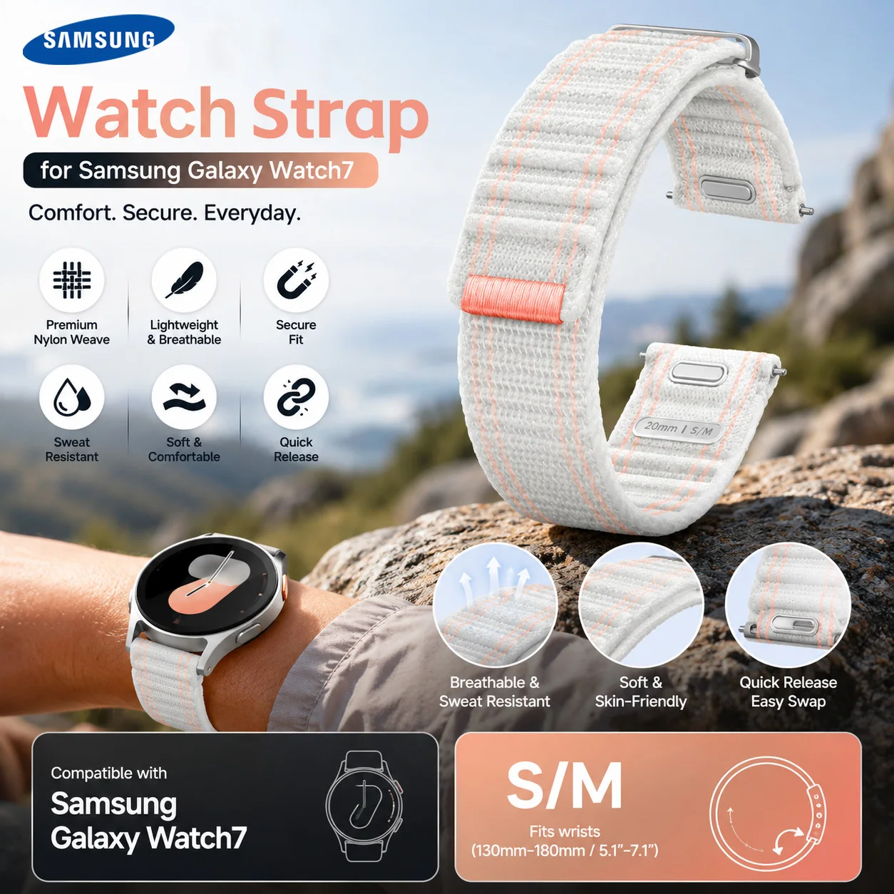 Nova pulseira de nylon Samsung para Galaxy Watch7 /Watch6 /Watch5 ET-SVL30SWEGCN, acessório de pulseira para esportes.