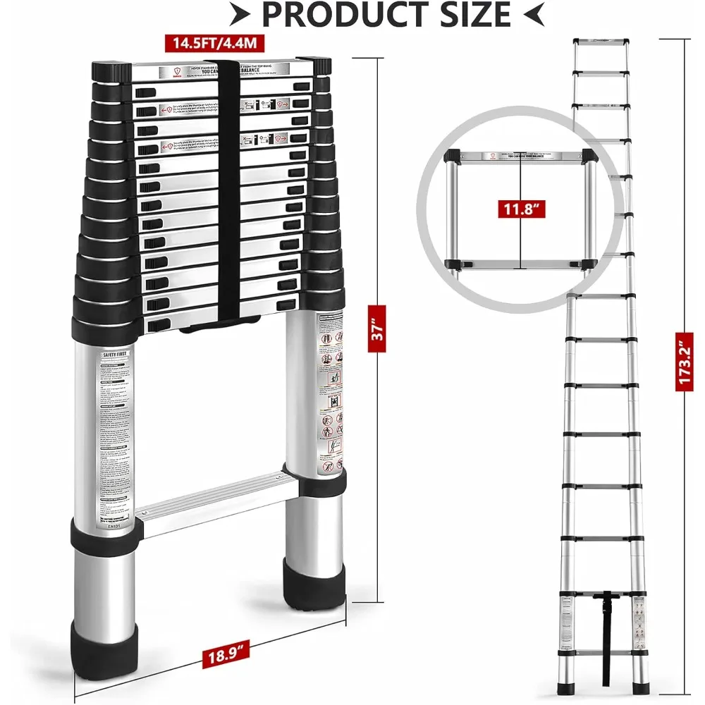 Escalera telescópica de aluminio de 14,5 pies-4,4 M, escalera de extensión plegable portátil retráctil de un botón para uso en interiores y exteriores