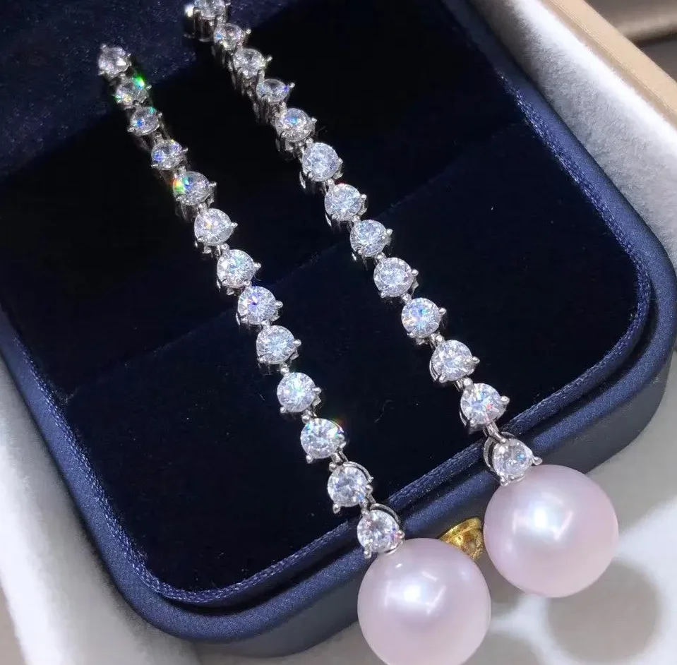 

D804 Pearl Earrings Fine Jewelry 925 Sterling Silver Round 10-11mm Nature Fresh Water White Pearls Drop Dangle Earrings Women