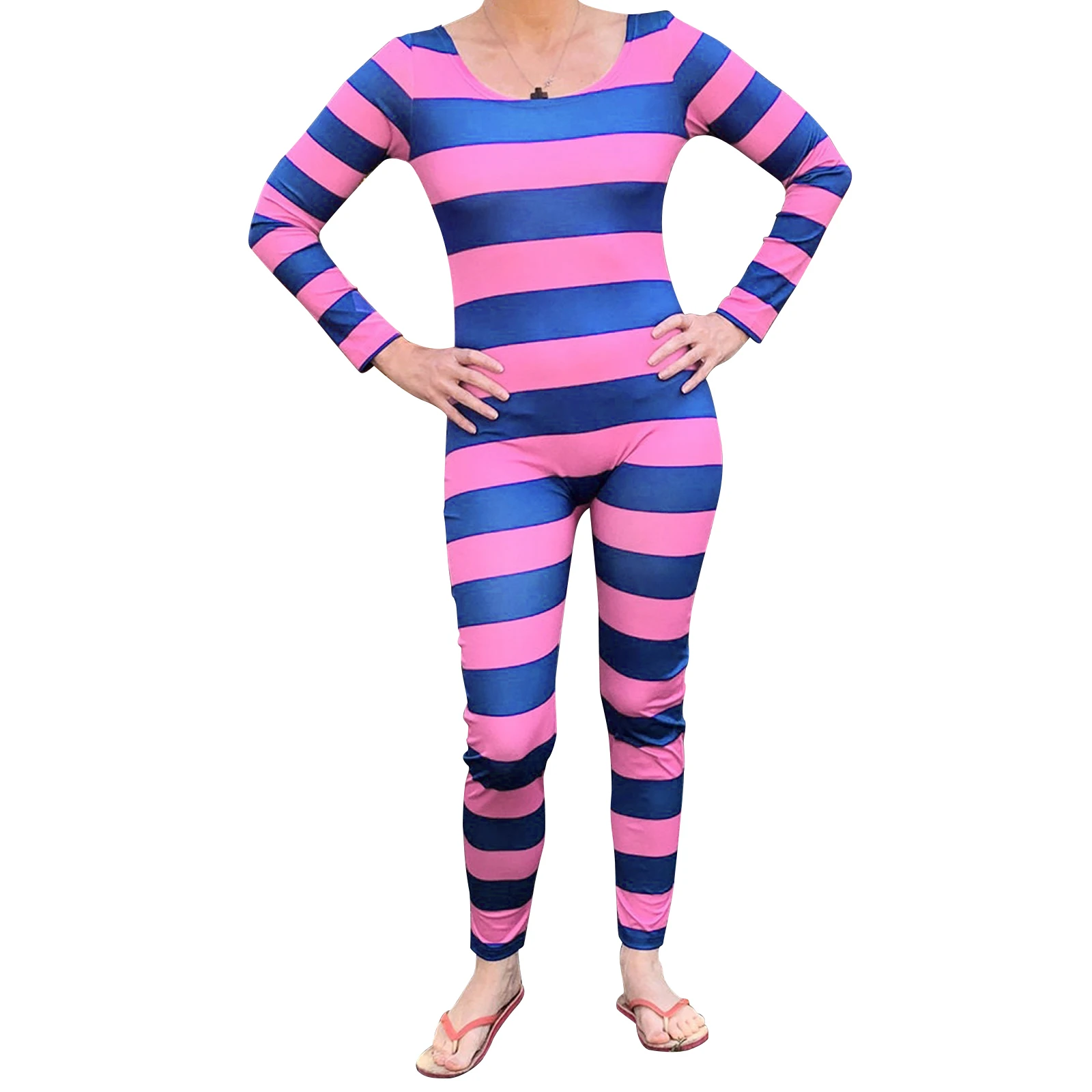 Women s Cheshire Cat Halloween Costume Pink Purple Striped Long Sleeve Jumpsuit Cosplay Outfit Party  costume