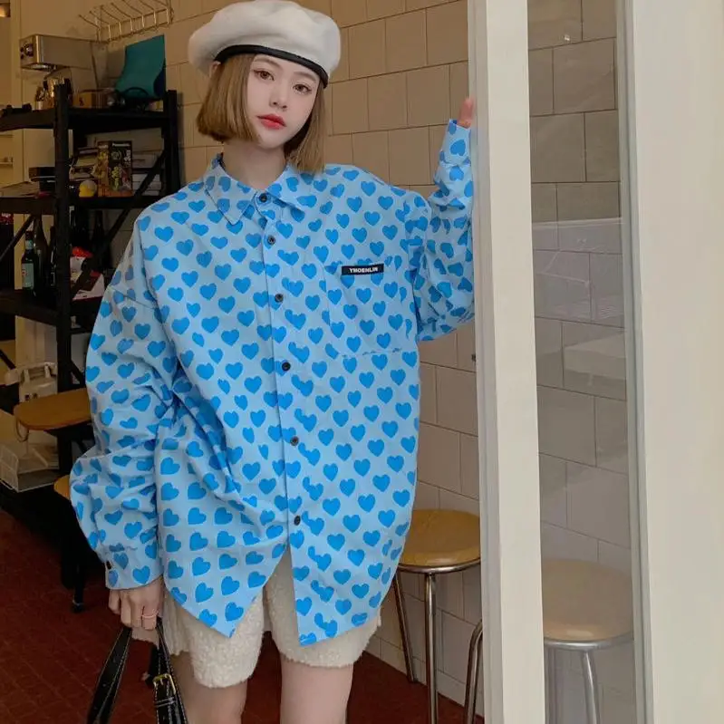 

2025 New Fashion Korean Style Casual Heart Print Long Sleeve Loose Blue Shirt Women's Outerwear Trendy Button-Up Collar