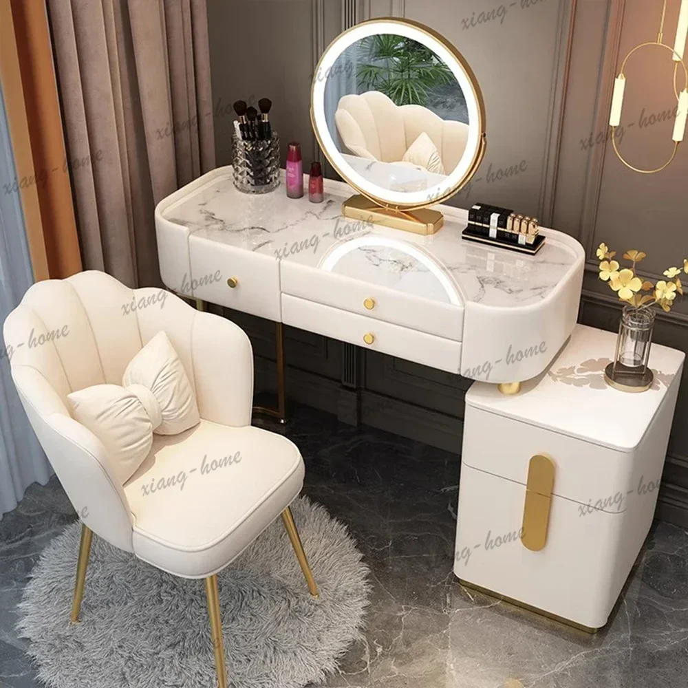 YJ Luxury Jewelery Storage Dressing Table Glass Top Girls Unique Makeup Mirror Beauty Dressing Table Light White Muebles Decorat