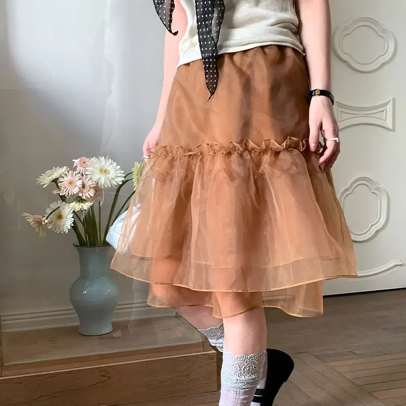 2026 Spring and Summer New Elastic Waist Splicing Mesh Skirt Women