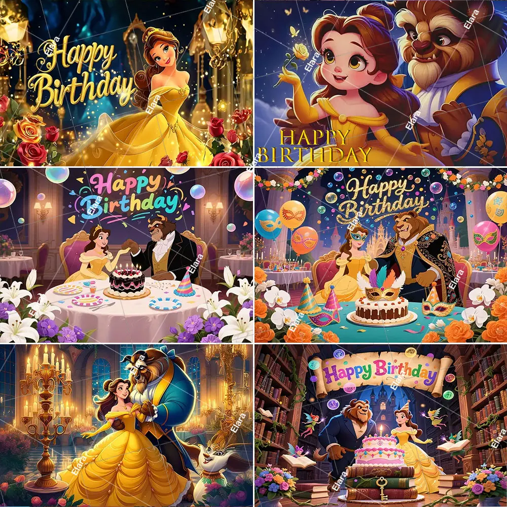 

Cartoon Beauty And The Beast Princess Belle Theme Girl Birthday Party Background Decoration Baby Shower Photo Banner Studio Prop