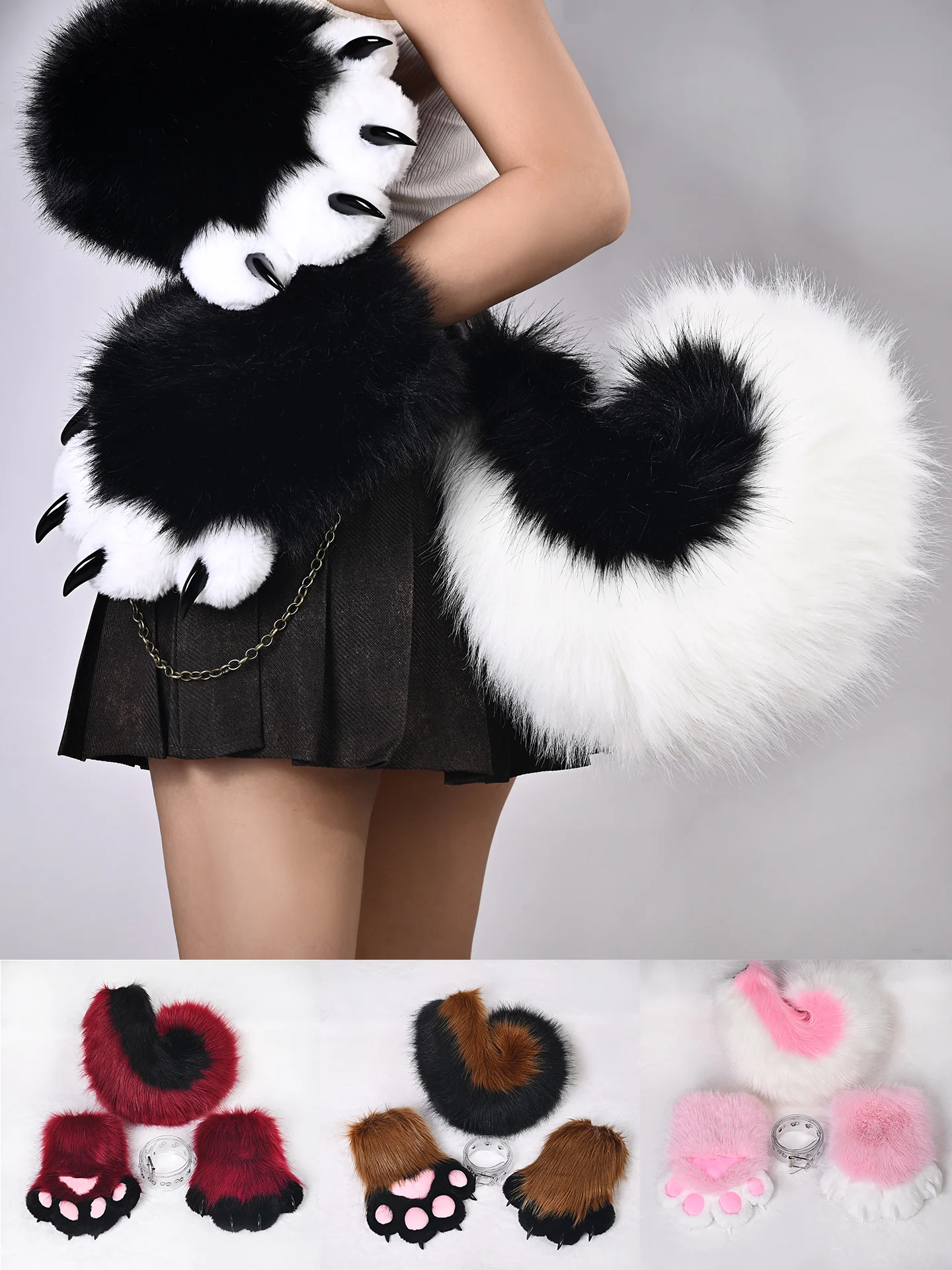 

Plush Paw Gloves & Tail Set, Cosplay Costume Accessory, Cute Claw & Tail Kit for Party