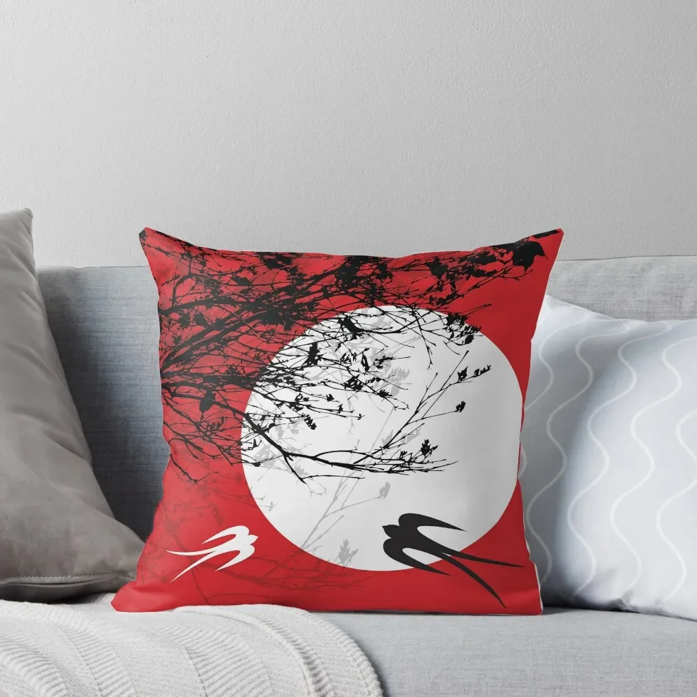 Oriental Swallows And Black Silhouette Branches In Moonlight On Red ? fatfatin Throw Pillow Sofa Cushions Covers Couch Pillows