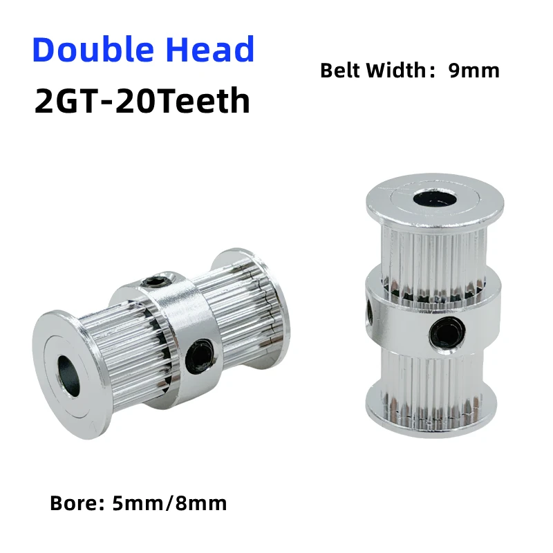 1PCS GT2 2GT 20 Teeth Double Head Aluminum Timing  Belt Pulley Bore 5mm 8mm Width 9mm One-Piece Synchronous Wheel for 3D Printer
