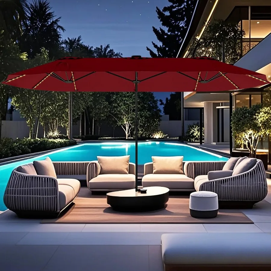 15.5 FT Doublesided Patio Umbrella with Solar Lights for Outdoor Garden Deck Poolside Use Oversized Rectangle Design with Crank