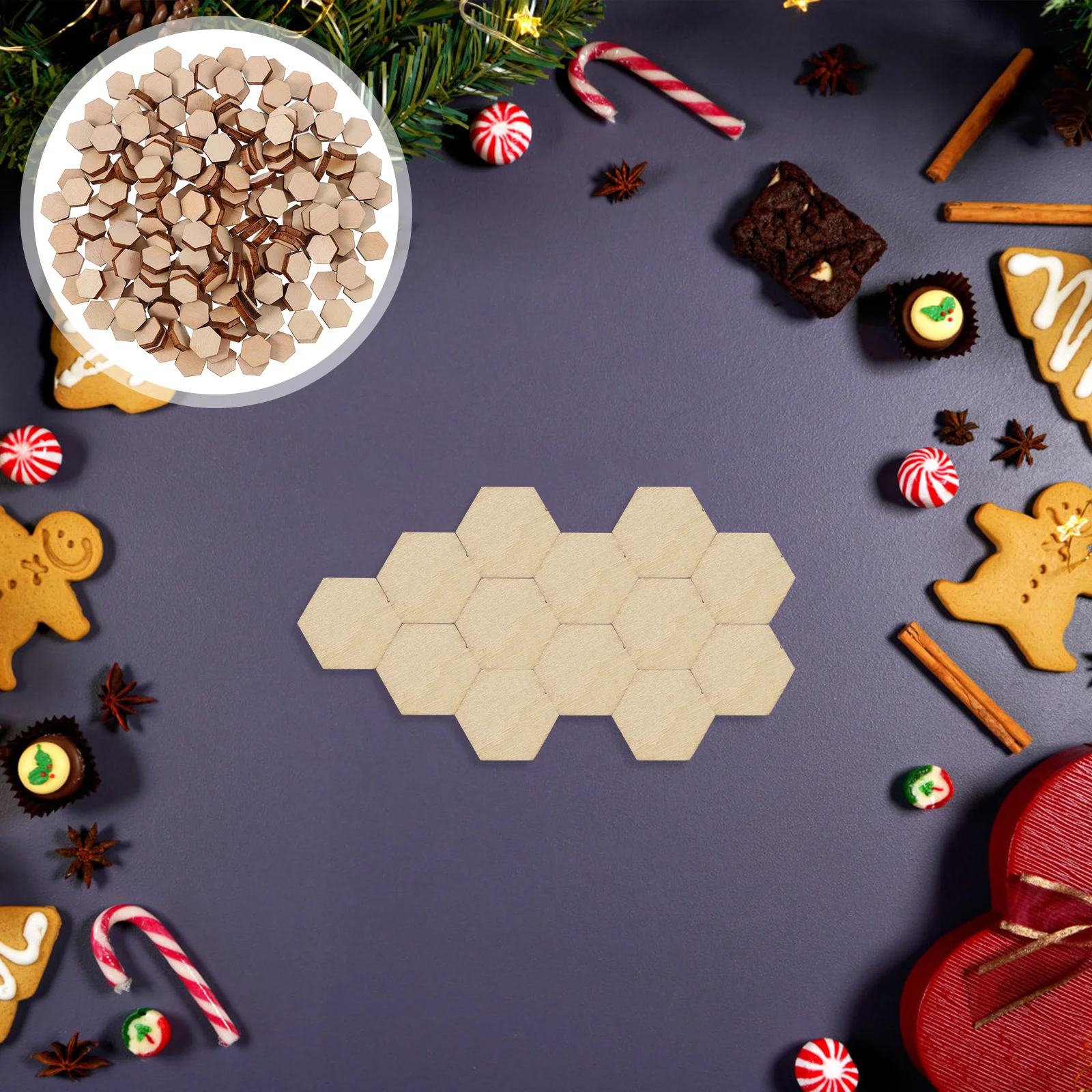 

200Pcs Beech Wooden Hexagonal Pieces Shapes for DIY Crafts Decorations Birthday Wedding Christmas Wooden Shapes