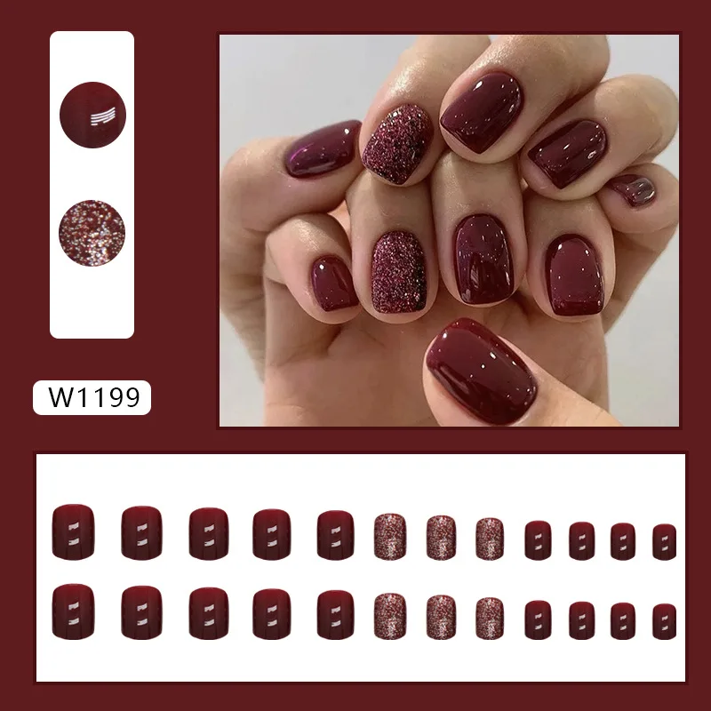 24pcs Short Solid Color Burgundy Glitter Fashion Squared Rounded Fake Nails Press on Nails Set for Girls False Nails with Glue