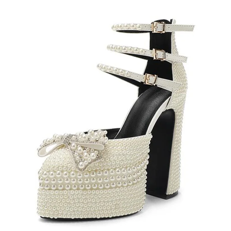 

White Pearl Women Chunky Heels Shoes Thick Platform Multiple Strap Crystal Bowtie Pumps Pointed Toe Hollow Shoes