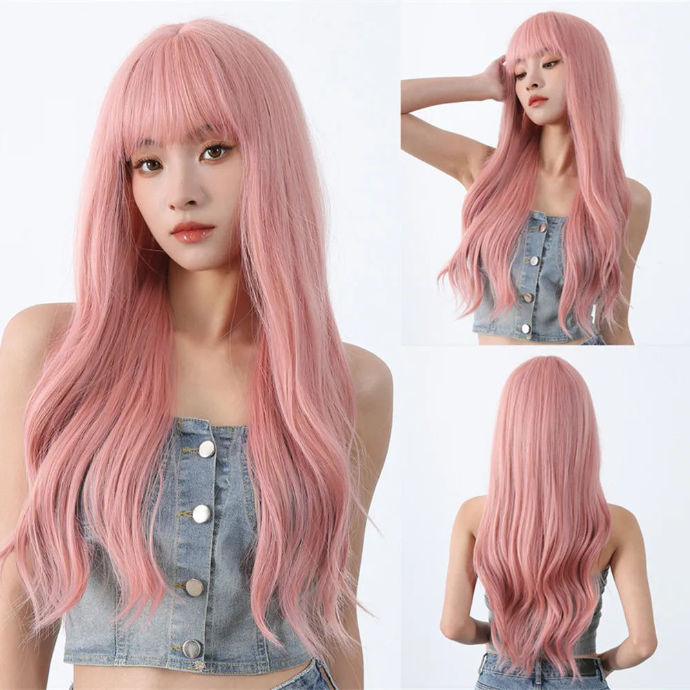 

Pink Wigs with Bangs Long Wavy Pink Wig for Women Synthetic Natural Wavy Wig Heat Resistant Colorful Wigs for Daily Cosplay Hair