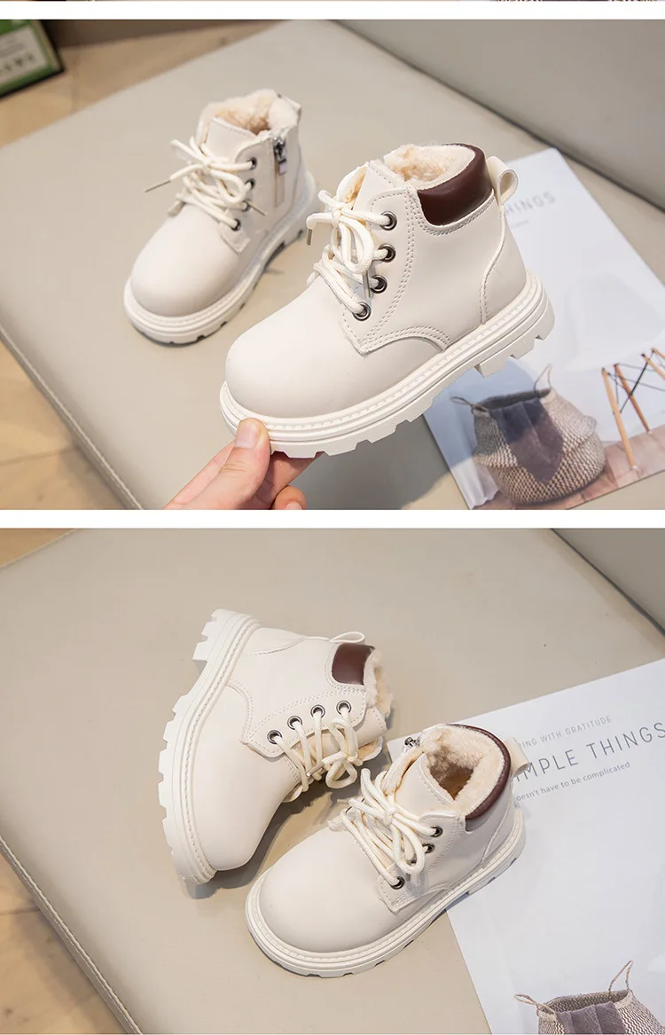 Neue Kinder-Mode-Stiefel, Winter, verdickte, rutschfeste, warme Lederstiefel für Jungen und Mädchen, seitlicher Reißverschluss, einfarbig, Freizeitschuhe für Kinder – Detail 15